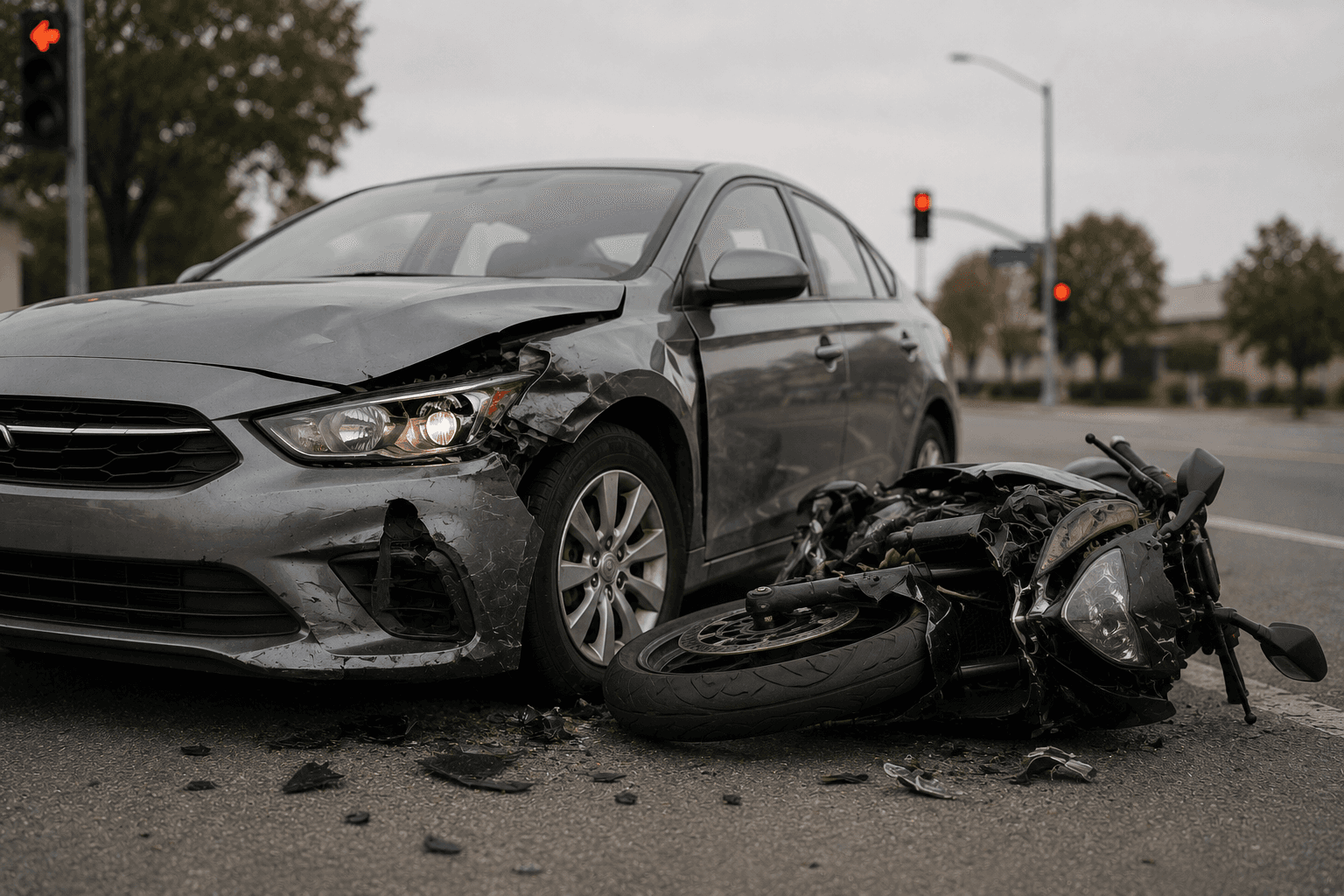 Damaged motorcycle beside a car after a Los Angeles collision